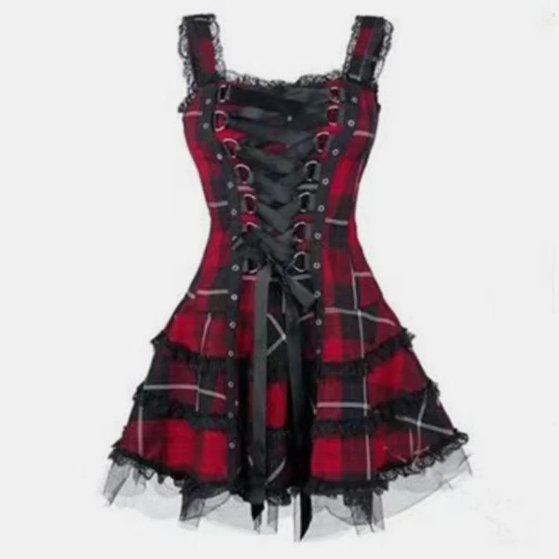 Plaid Mesh Lace Up Slim  Dress