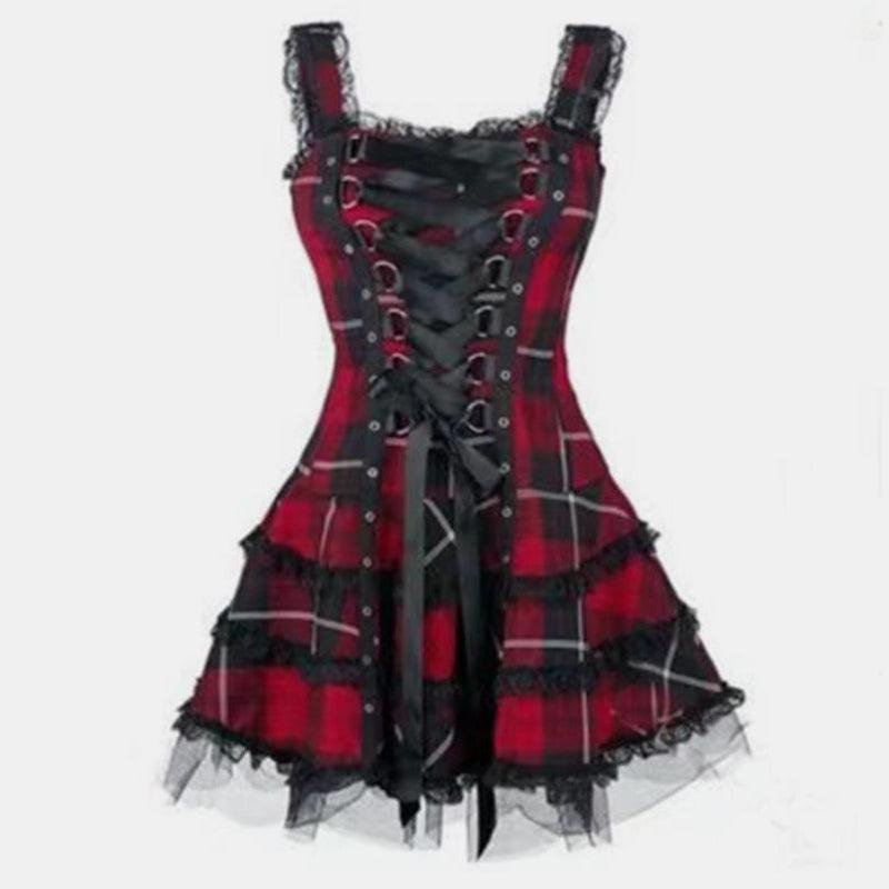 Plaid Mesh Lace Up Slim  Dress