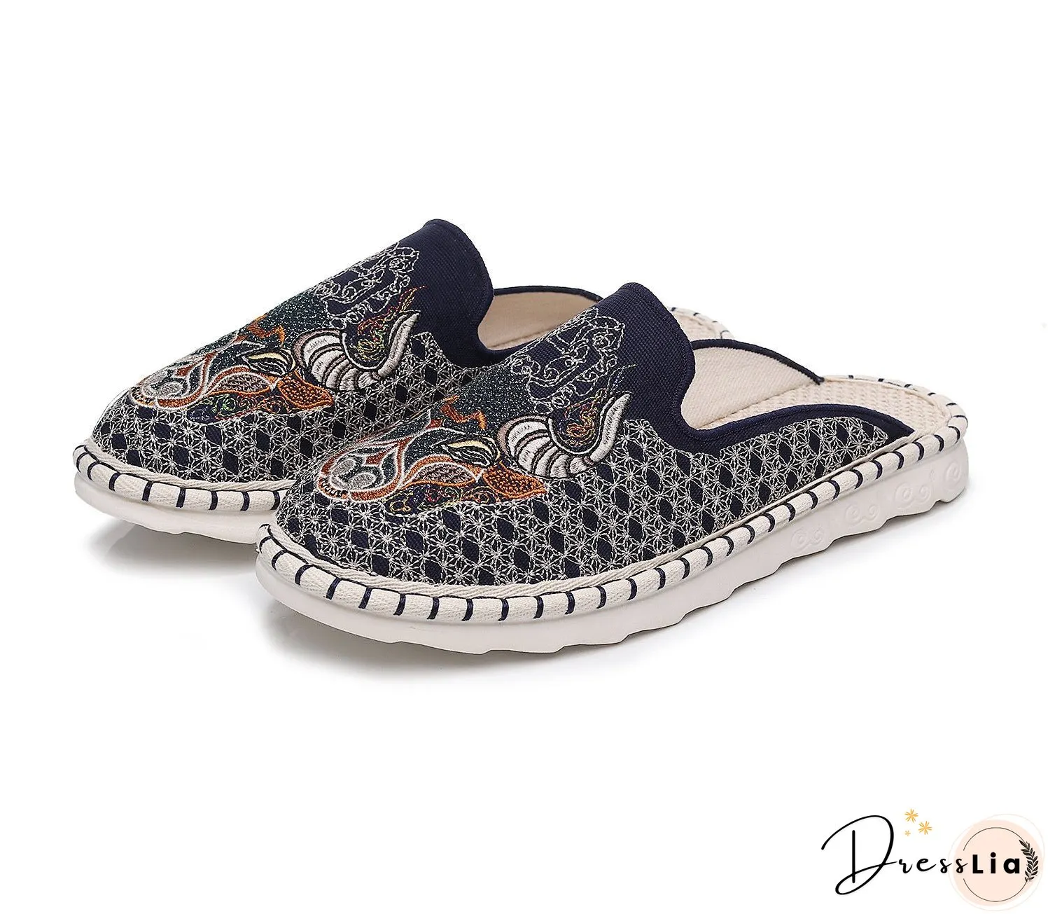 Men's Chinese Style Embroidered Injection Soft Bottom Breathable Flip Flops