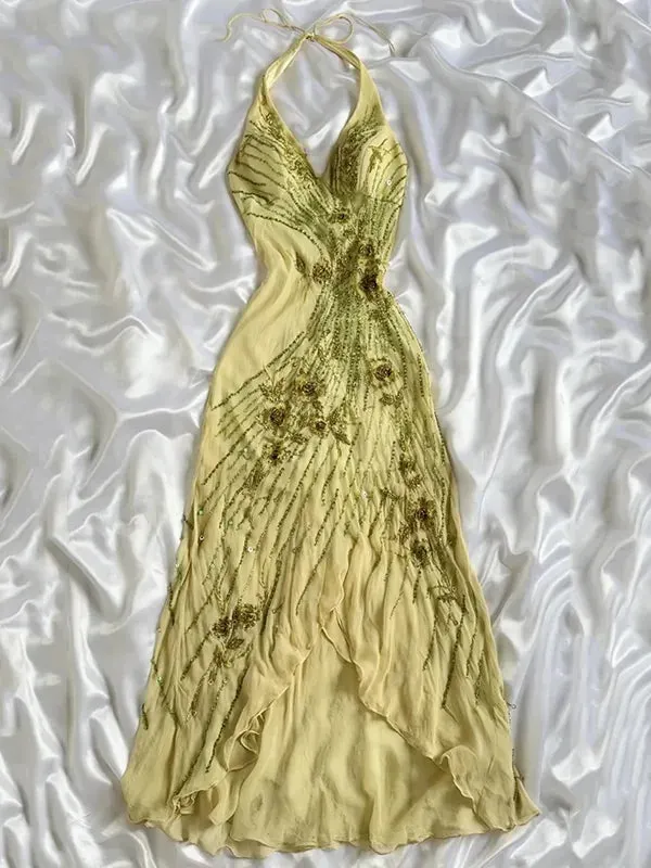 Vintage Halter Gown, Hand-Beaded D Floral Embellished Irregular Hem Evening Dress
