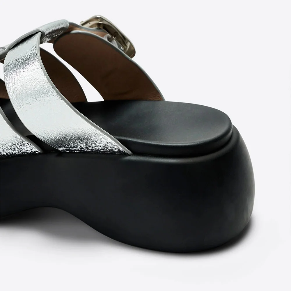 Silver Metallic Open Toe Chunky Heel Platform Buckle Mules Shoes