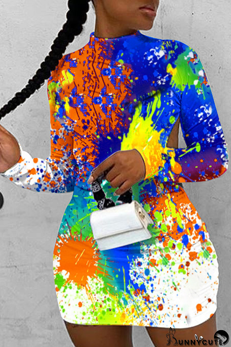 Orange Sexy Casual Print Graffiti Backless Half A Turtleneck One Step Skirt Dresses