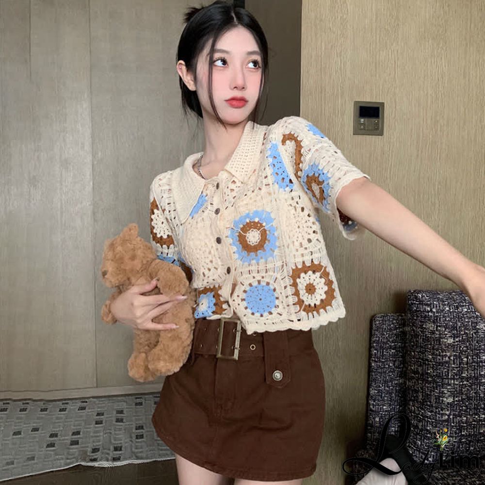 Crochet Hollow T-Shirt Fringed Split Denim Pants Two Pieces Set