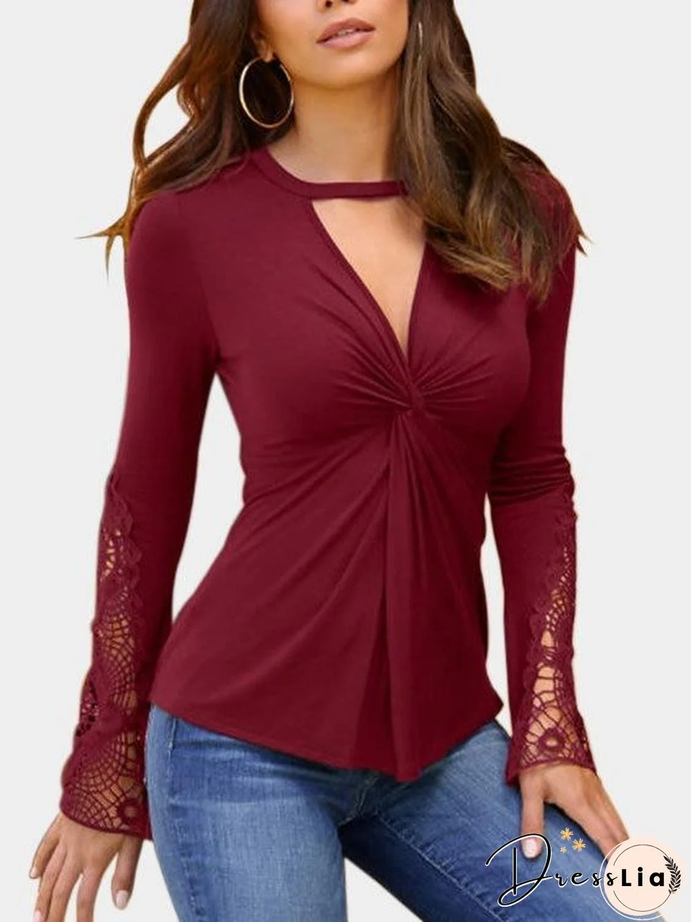 Black Lace Detail Twist Knot Design V-Neck Long Sleeves Blouse