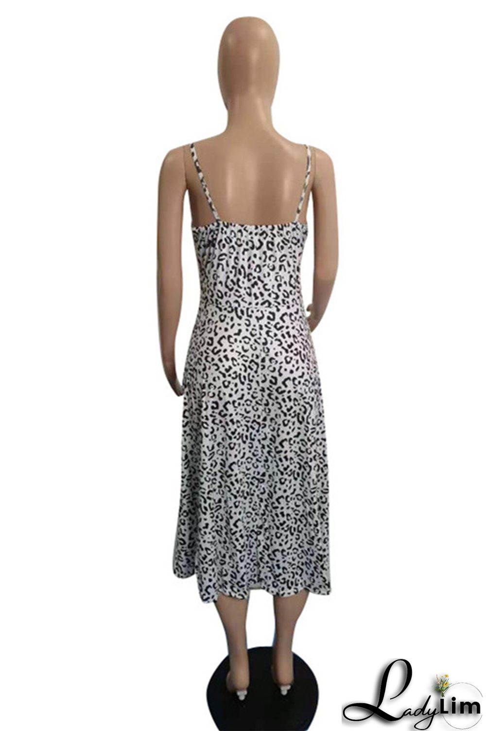 Deep Blue Fashion Sexy Print Backless Slit Square Collar Sling Dress