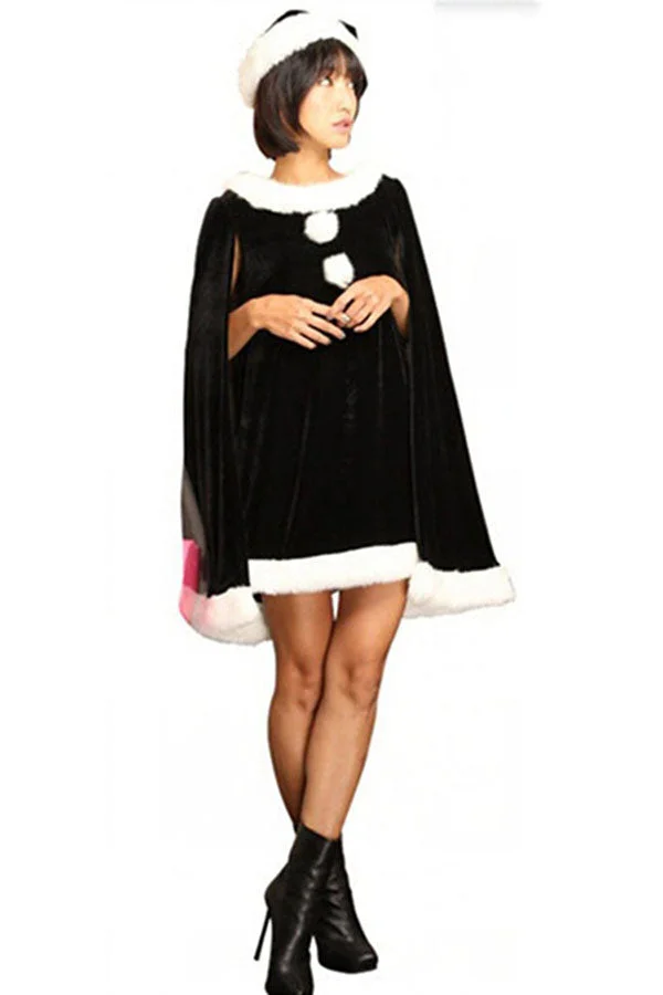 Womens Cape Sleeve Poncho Santa Christmas Costume Black-elleschic