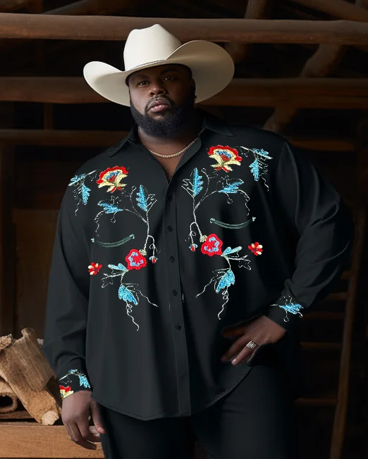 Western Cowboy Style Floral Men's Plus Size Long Sleeve Trousers Two-Piece Set