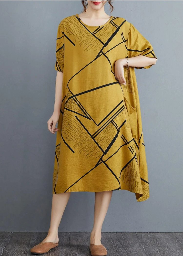 Vintage Yellow Print Pockets Cotton Linen Long Summer Dress