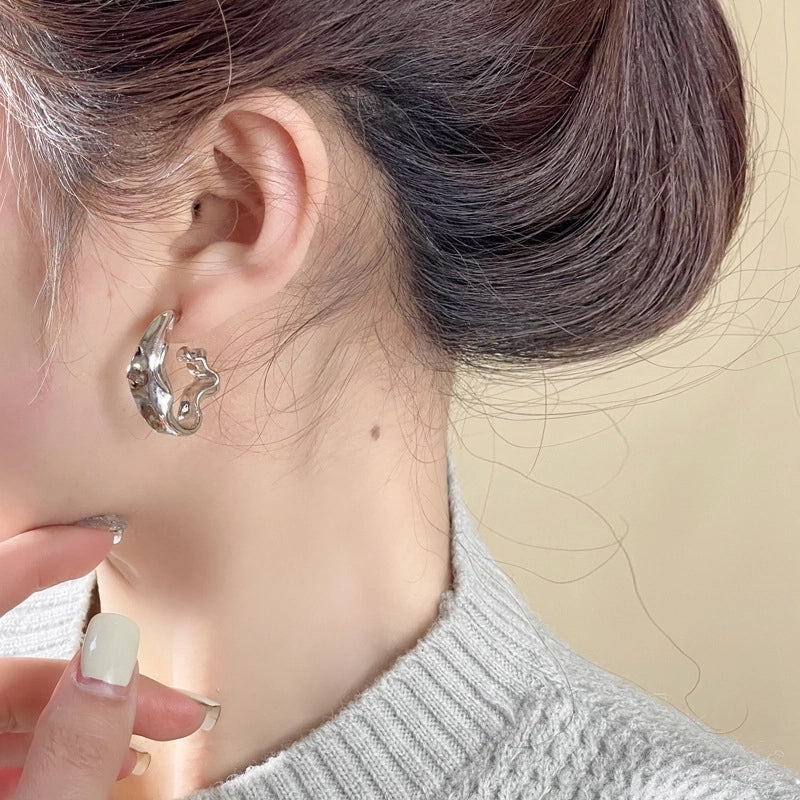 S925 Silver Needle  Irregular Metallic Ear Studs Hip-Hop Trendy Earrings Simple Niche New Earrings 6418