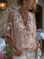 Women's Vintage Pink Rose Linen Blend Short Sleeve T-shirt