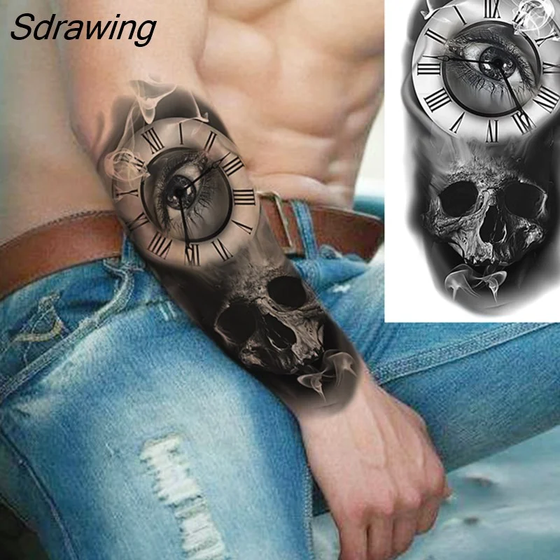 Sdrawing Realistic Black Devil Temporary Tattoos For Men Adult Tiger Pirate Skeleton Vampire Fake Tattoo Forearm Scary Tatoo Joker