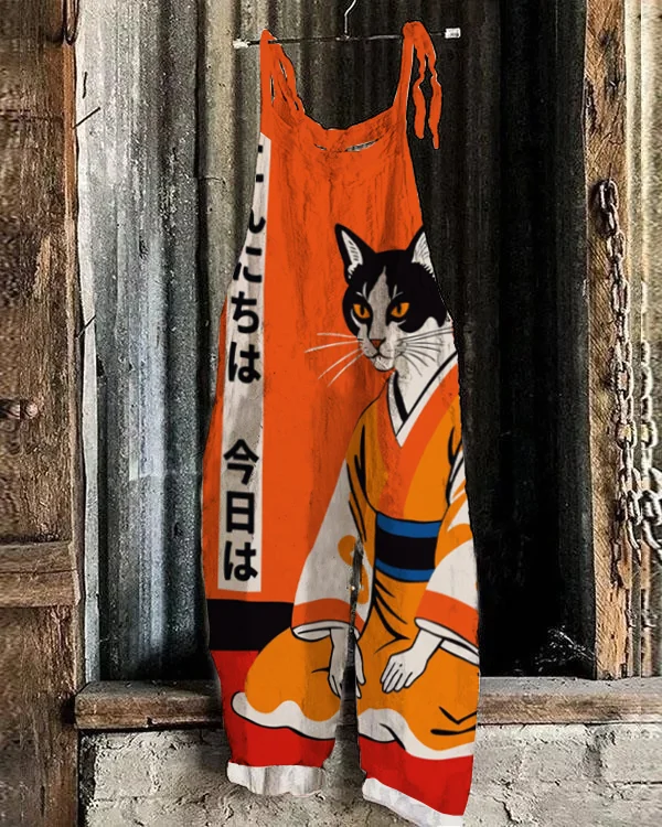 Japanese in Kimono Elegant Cat Art Jumpsuit
