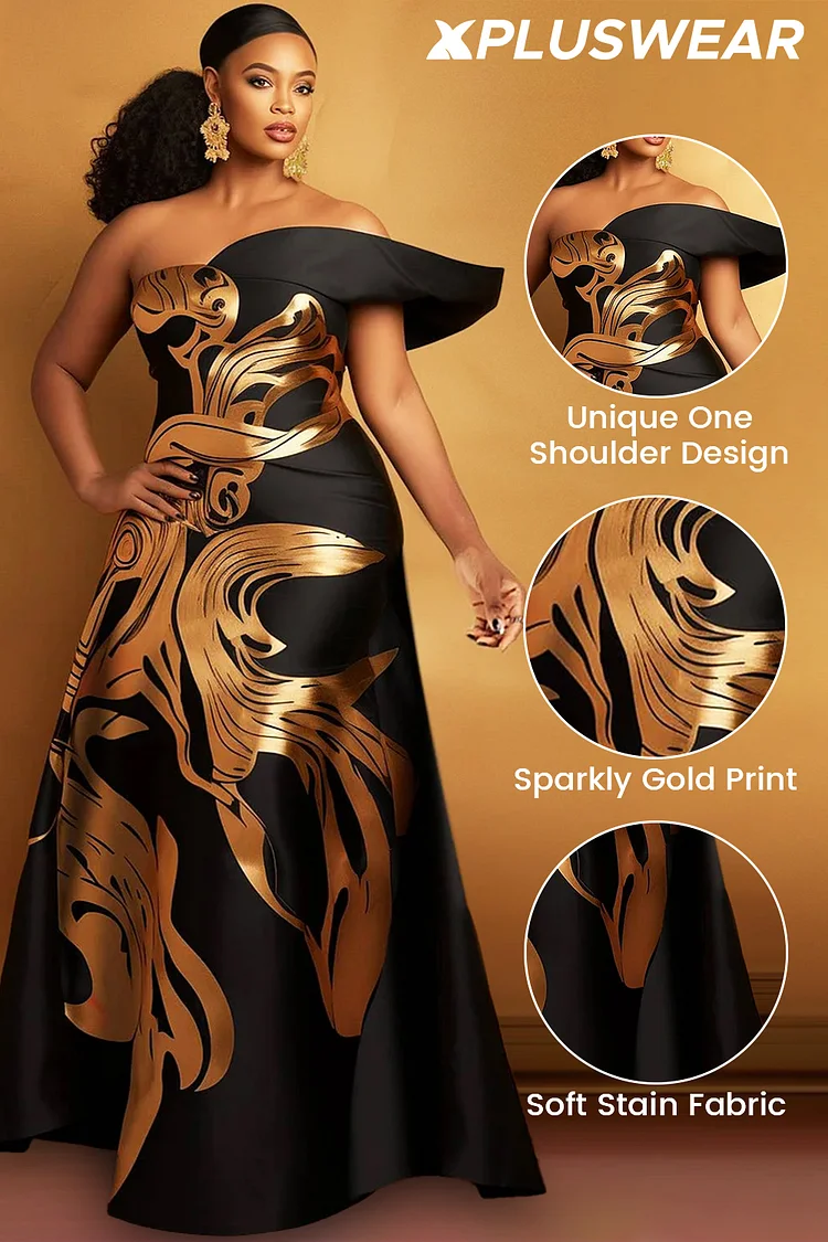 Xpluswear Design Plus Size Formal Gold Floral One Shoulder Satin Maxi Dresses [Pre-Order]