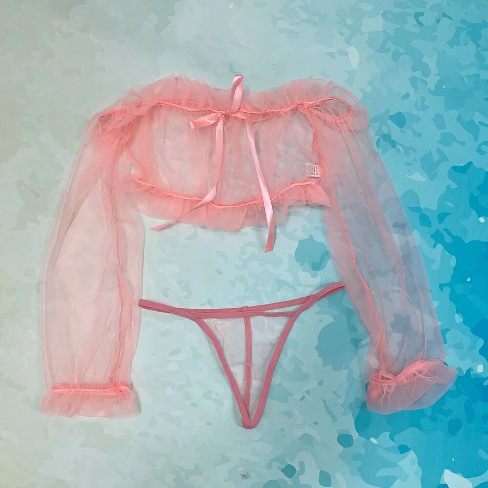 Yimunancy 2-Piece Women Lingerie Set Transparent Mesh Top + Thong Underwear Set