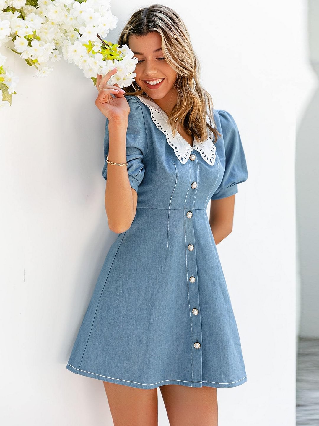 Contrast Eyelet Embroidery Collar Puff Sleeve Dress