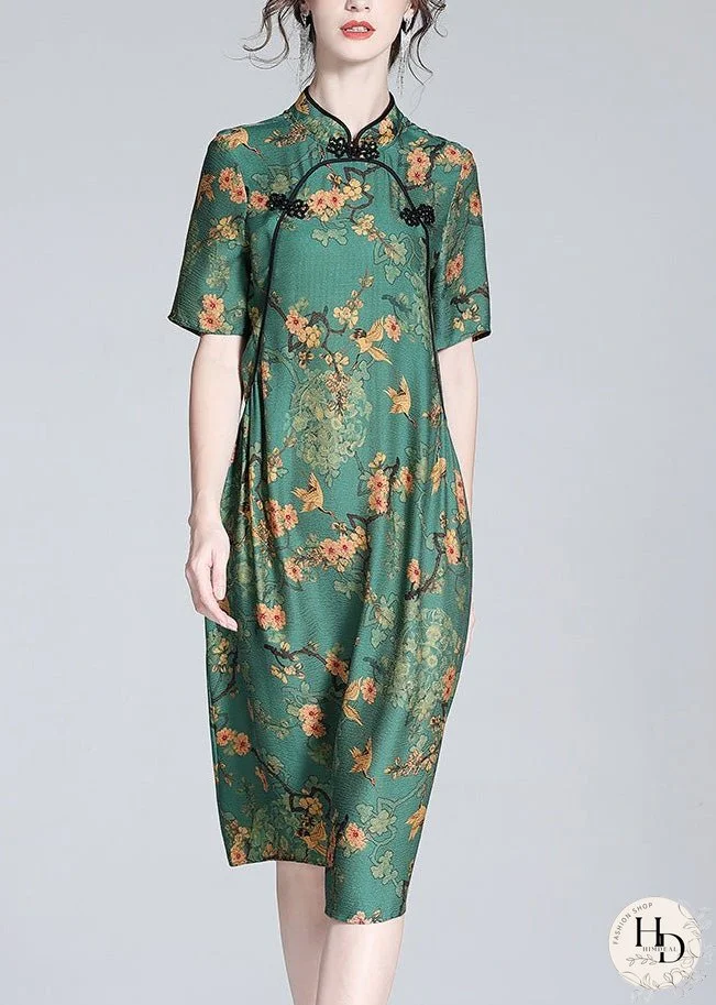 Sexy Green Stand Collar Print Button Silk Maxi Dress Short Sleeve