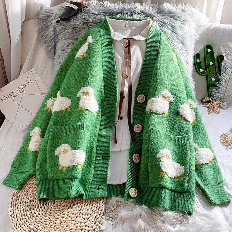 Autumn Winter Women Knitted Cardigan Jacket Loose Female Knitnwear Cute Cartoon Streetwear Teens Print V Neck Oversize Cardigan