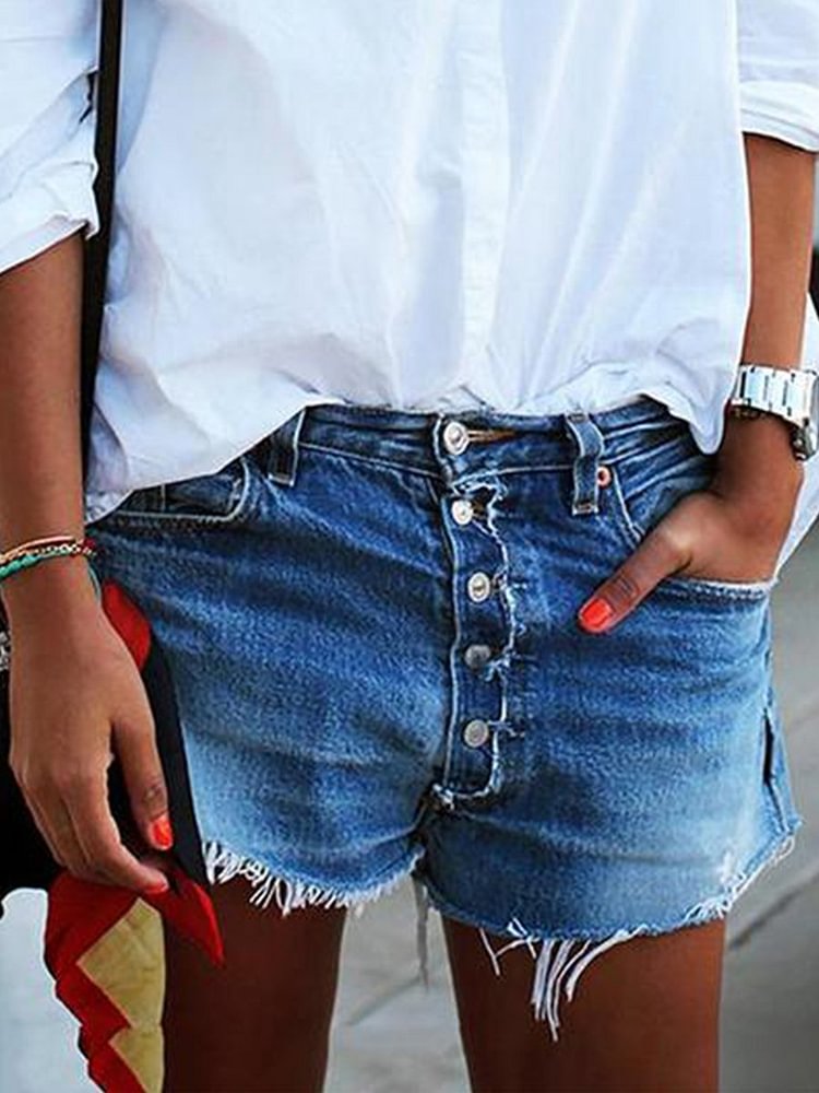Casual Button Frayed Distressed Denim Shorts P10470
