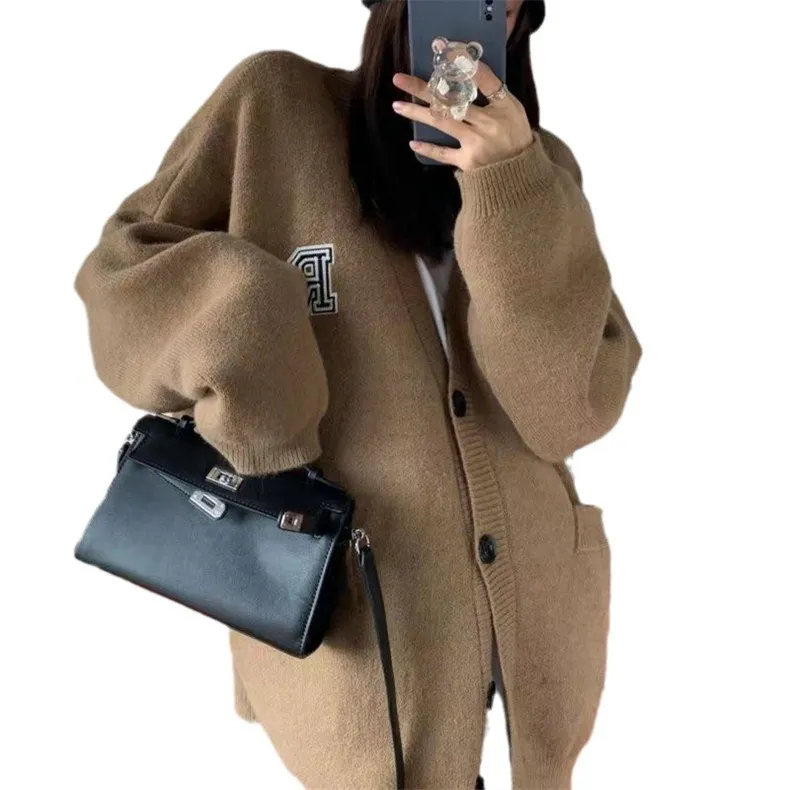 Churchf Churchf Wind Oversize Increase Thick Knit Letter Embroidered Sweater Coat Female Loose Autumn Winter Women's Clothing