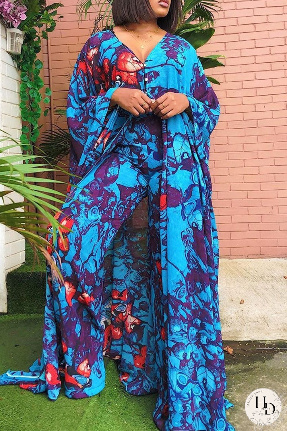 Blue Fashion Casual Print Slit V Neck Long Sleeve Two Pieces