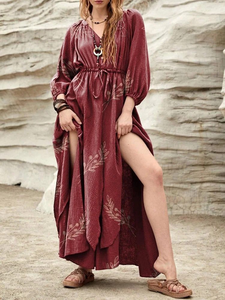 Women's Retro V Neck 3/4 Sleeves Positioned Print Dress