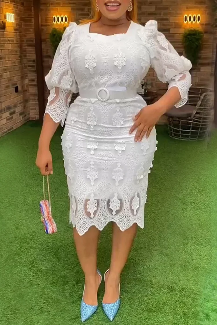 Casual Solid With Belt U Neck Wrapped Skirt Plus Size Dresses