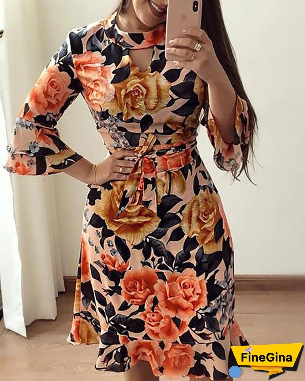 Floral Print Cutout Ruffles Flared Sleeve Casual Dress P11845