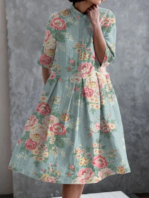 Vintage Floral Print Casual Pocket Half Sleeve Dress