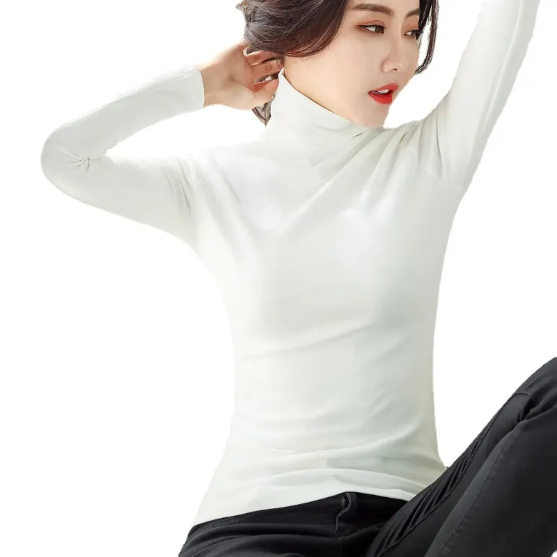 Brownm Brownm Autumn / Winter High Collar And Velvet Bottom Shirt Women Long Sleeve Pure Color Korean Women's Wear Warm Slim Slim T-Shirt Women Tide