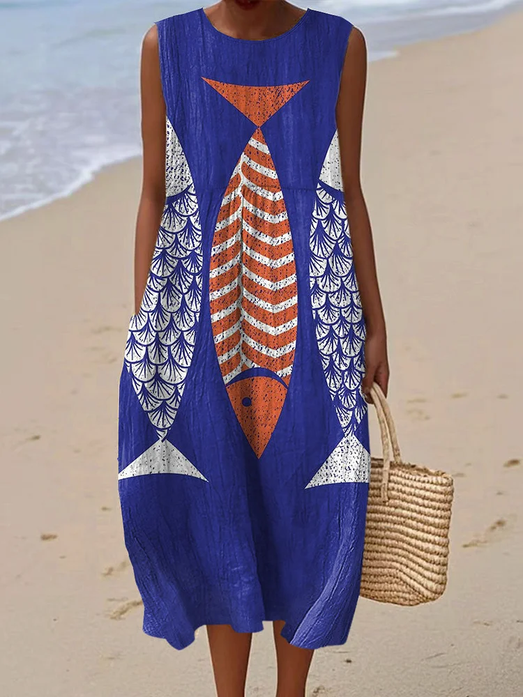 Women's Vintage Fish Art Print Sleeveless Cotton Pocket Wrap Dress