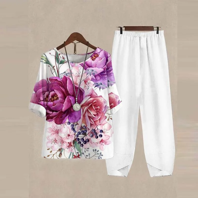 Women plus size clothing Women's Half Sleeve Scoop Neck Floral Printed Buttons Top & Pockets Design Long Pants Set-Nordswear