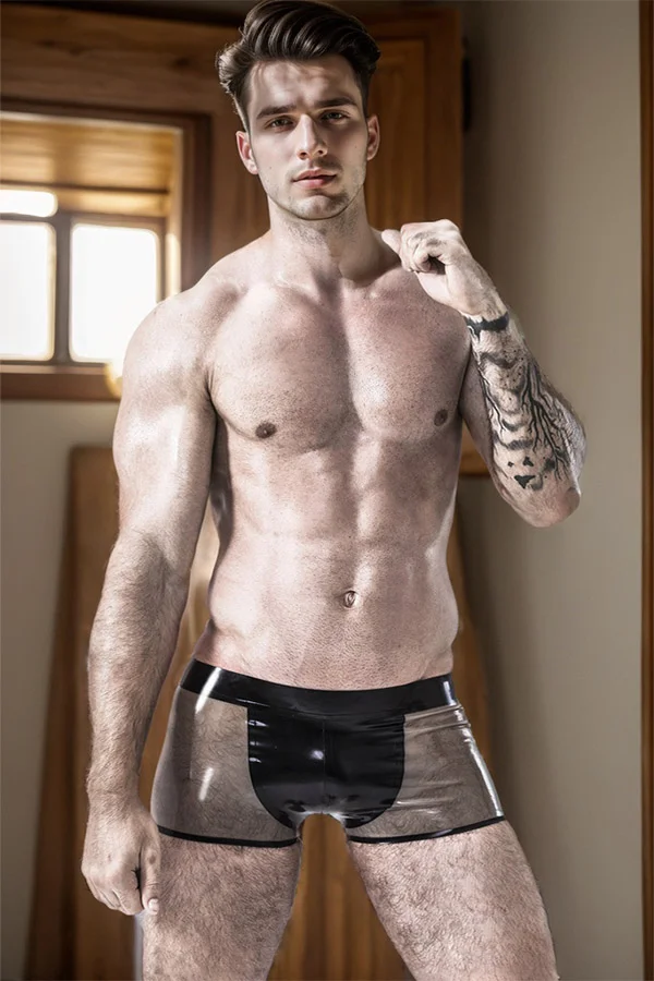 Men's Black & Translucent Latex Shorts Male Panelled Sexy Virile Shorts