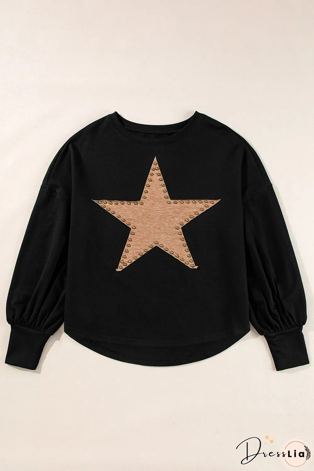 Black Studded Star Graphic Oversized Long Sleeve Top
