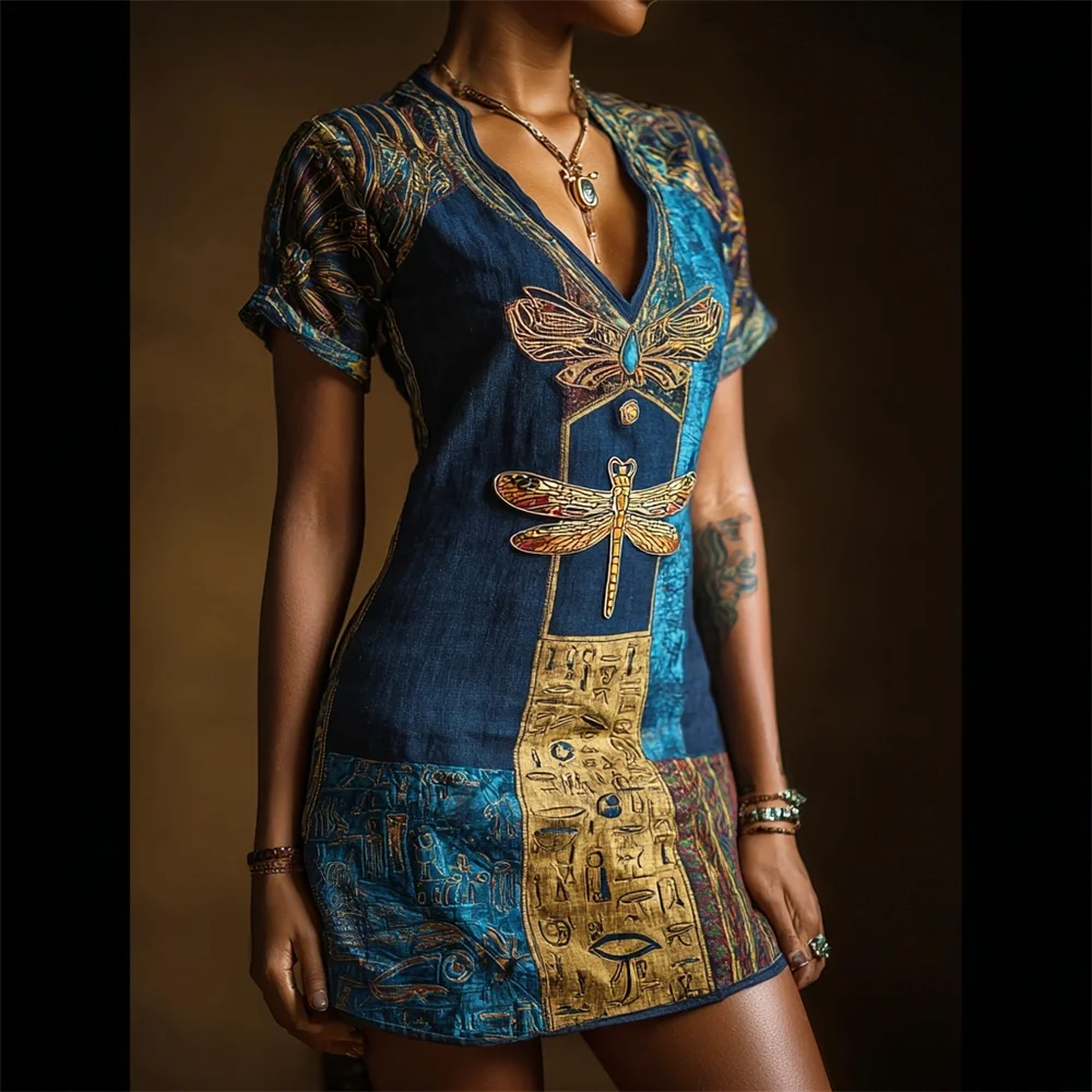 Vintage Gold Dragonfly Egyptian Elements Women's Linen V-neck Mini Dress
