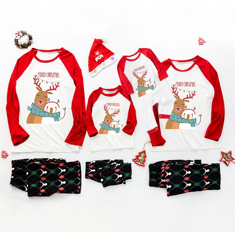 Family Matching Pajamas Plaid Stitching Printing Home Moose with Snowman(red +whiteblack) Pants