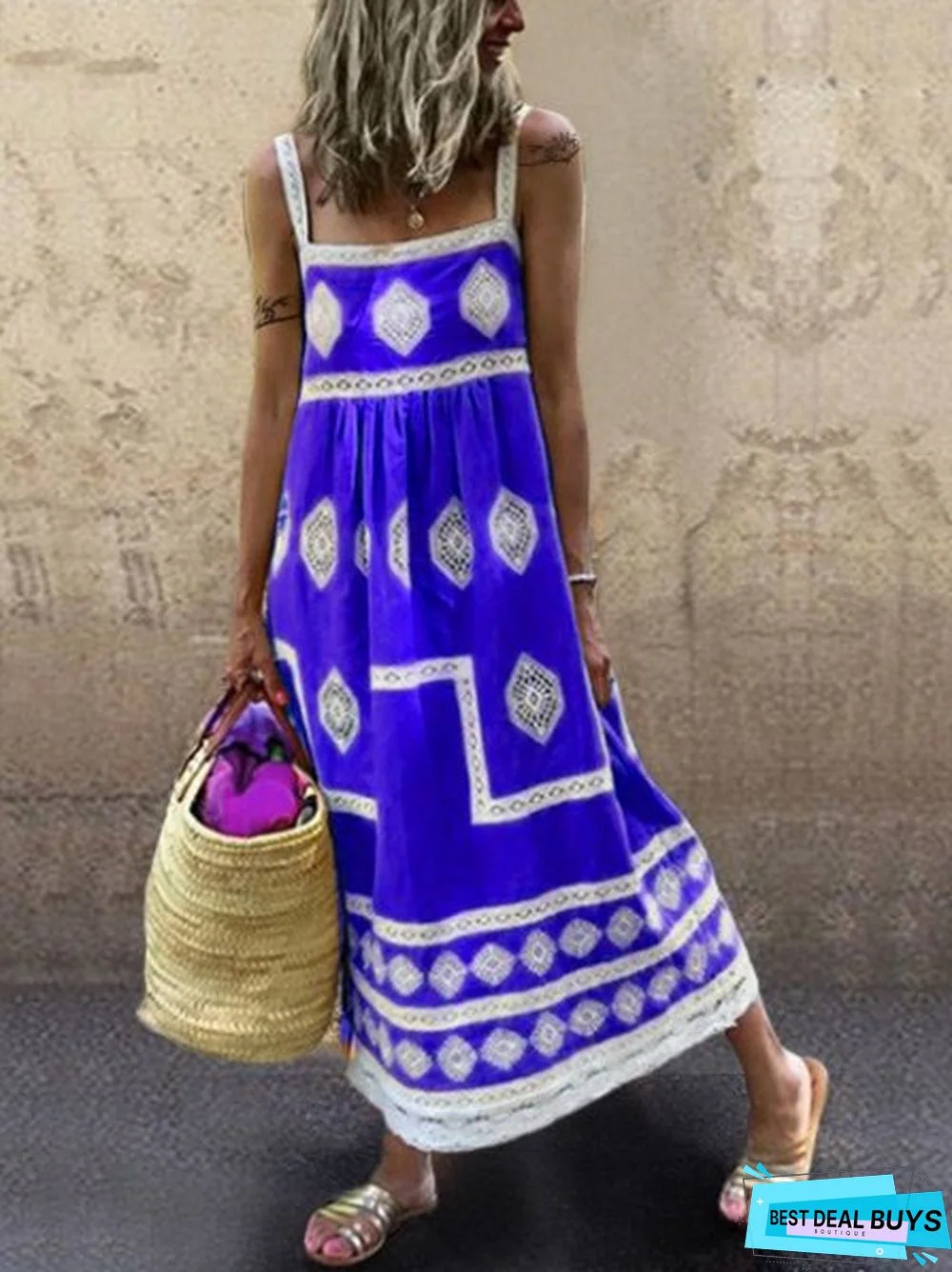 Women Boho Holiday Graphic Linen Maxi Dress