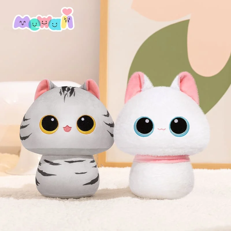 2-Pack Mewaii® Mushroom Family Gray Shorthair Cat & Rosette Devon Cat Kawaii Plush Pillow Squish Toy