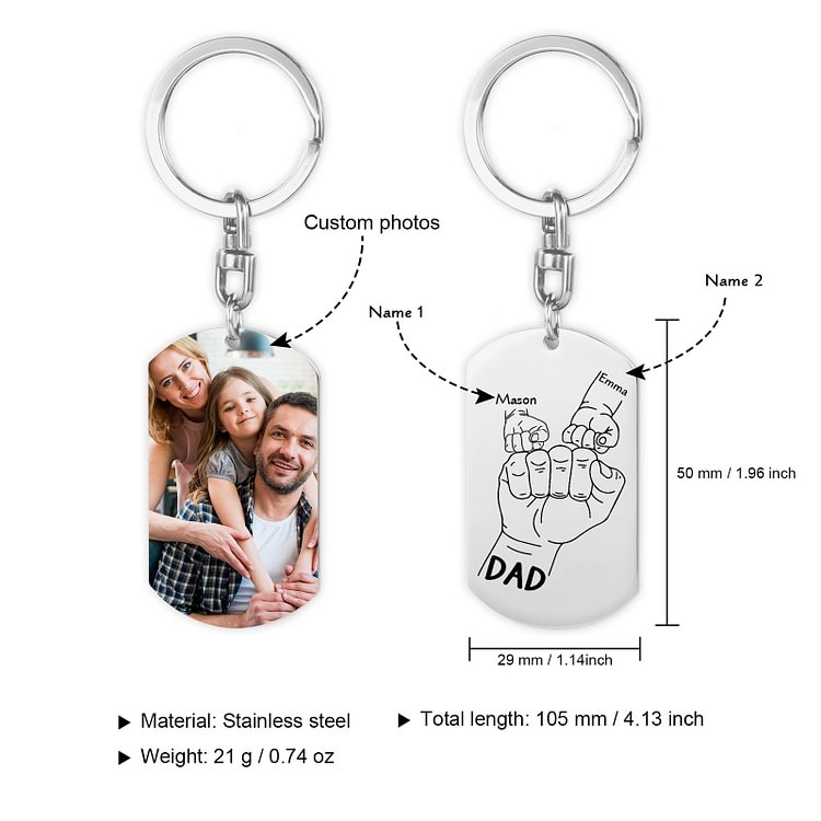 Personalised Photo Keyring with 2 Name Engraved Tag Keyring Gifts for Father-Father and Kids