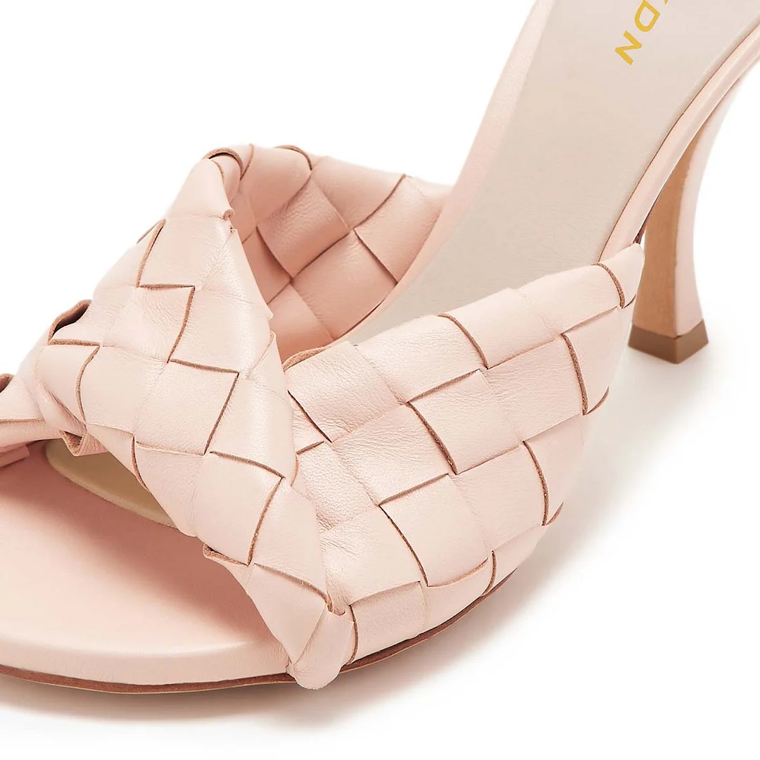 Vegan Leather Open Round Toe Woven Spool Heel Pink Slide Sandals
