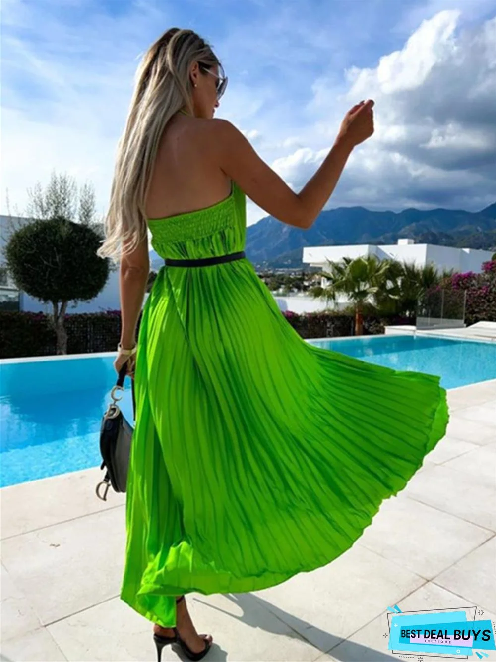 Pleated Suspender Sweet Waist Length Dress