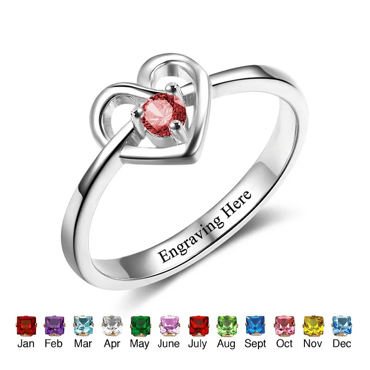 Heart Promise Ring Personalized with 1 Birthstone Engraved Sterling Silver Ring