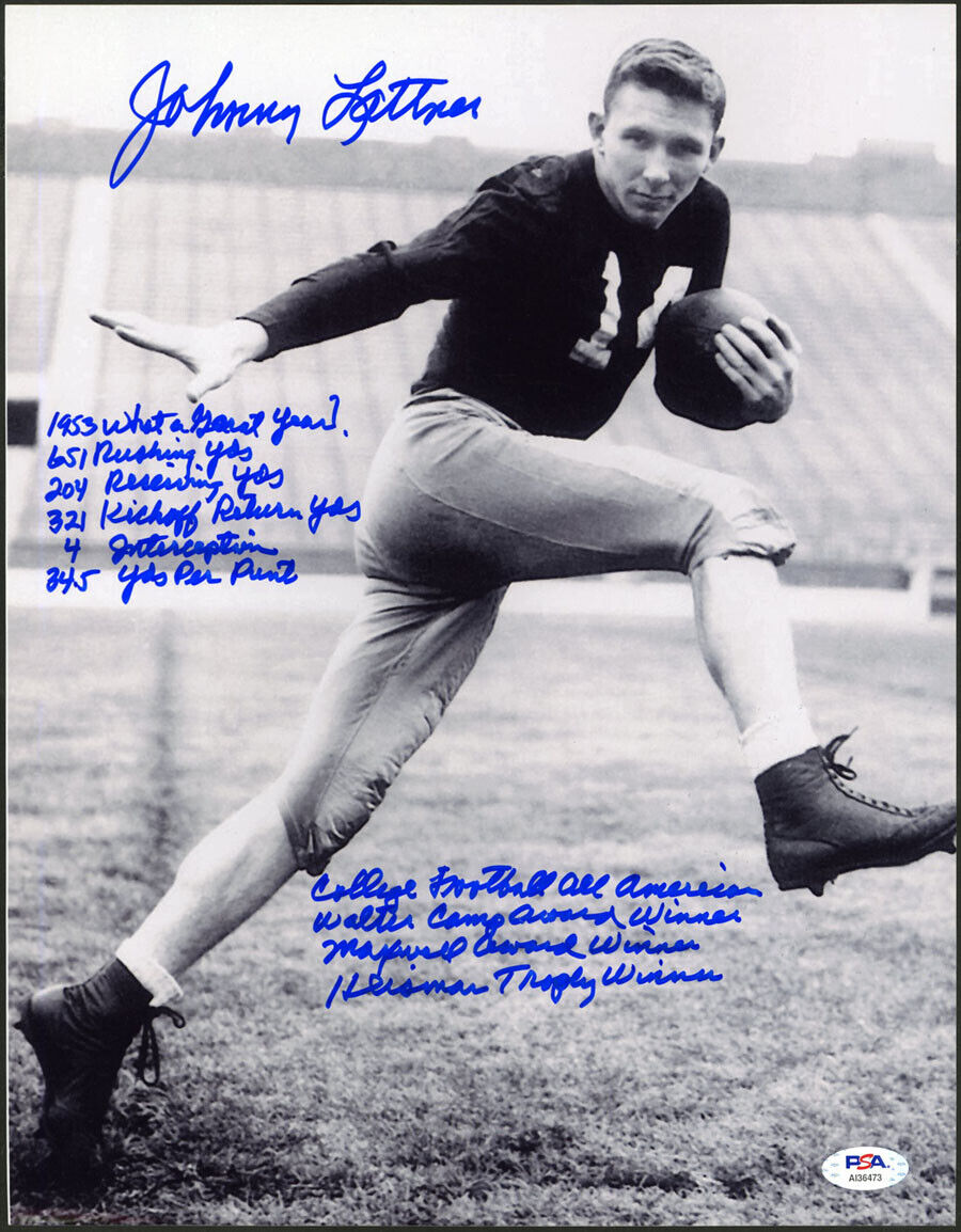 Johnny Lattner SIGNED 11x14 Photo Poster painting Notre Dame STAT Heisman 53 PSA/DNA AUTOGRAPHED