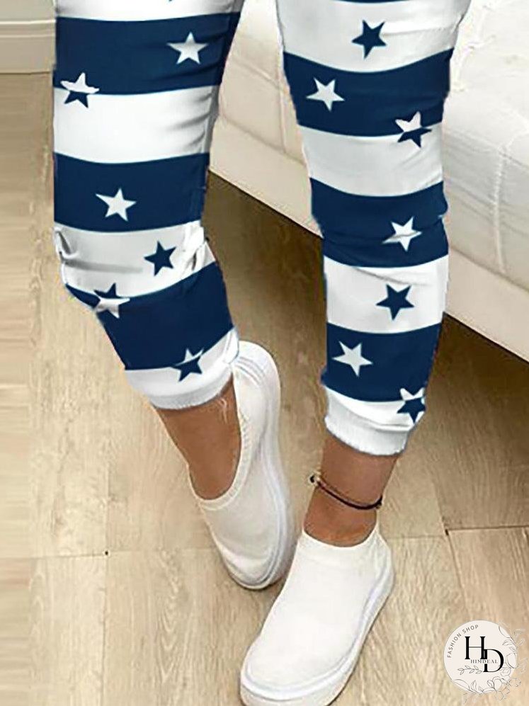 Colorblock Star Print Drawstring Skinny Pants for Women