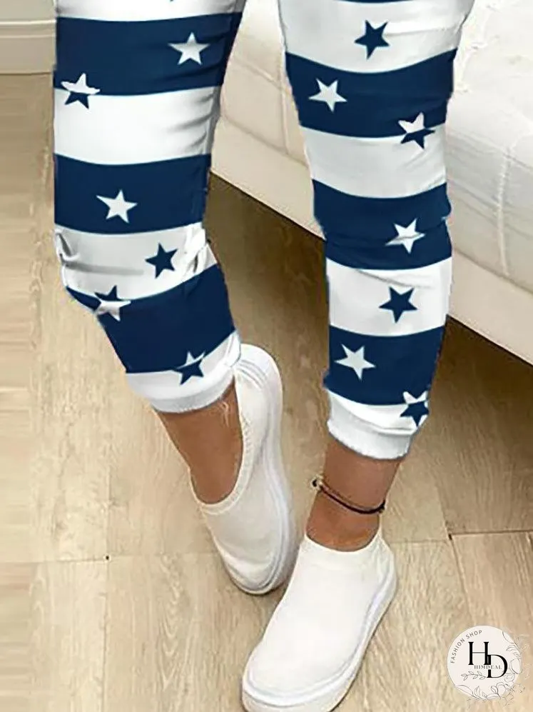 Colorblock Star Print Drawstring Skinny Pants for Women