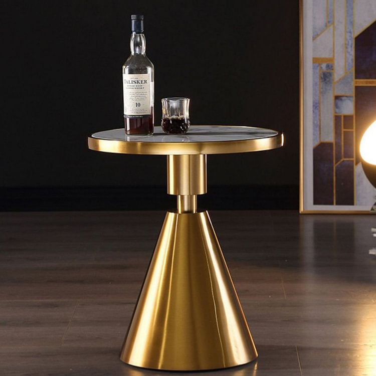 Homemys White & Gold Hourglass-Shape End Table with Sintered Stone Top & Stainless Steel Base