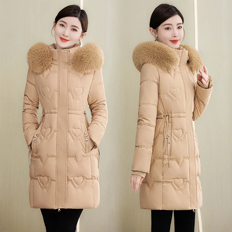 Woherb Cotton-Padded Clothes Female Medium Long Style 2024 Winter New Korean Version Slim Long Cotton-Padded Jacket Add Thick Warm Big Wool Collar Large Size Coat-Outfit Ideas
