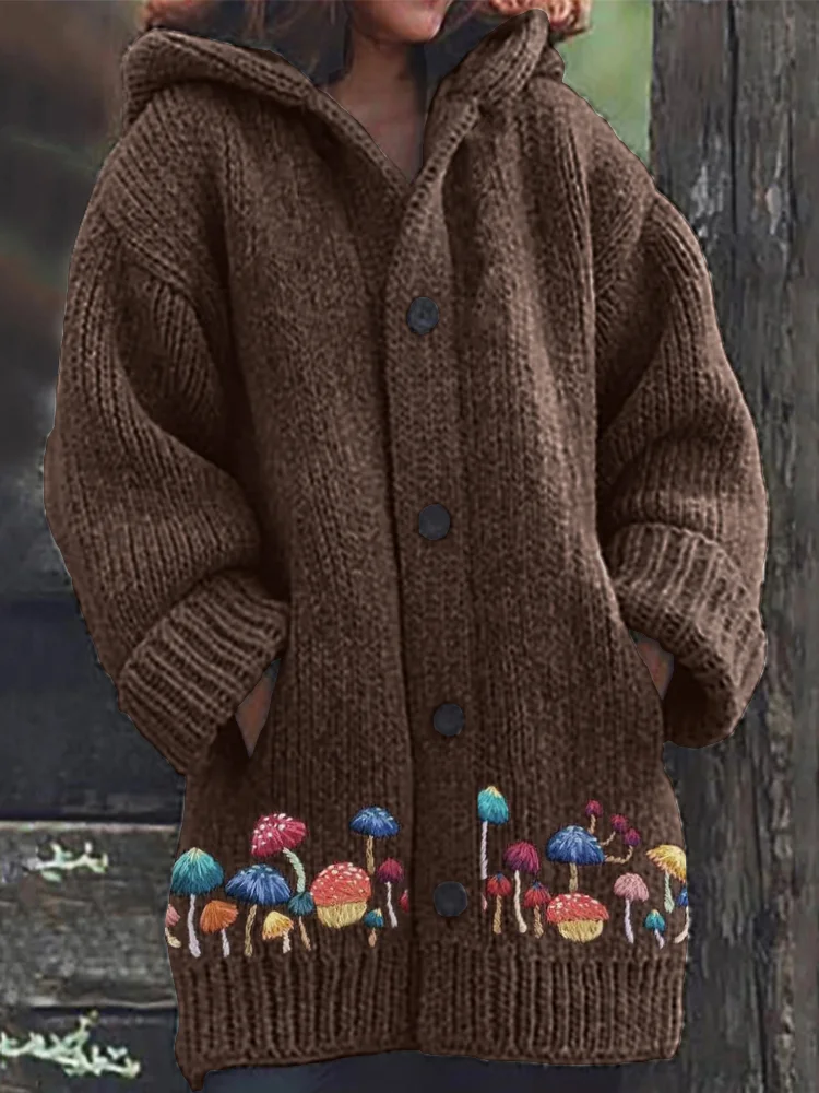 Colorful Mushroom Embroidery Art Cozy Hooded Cardigan