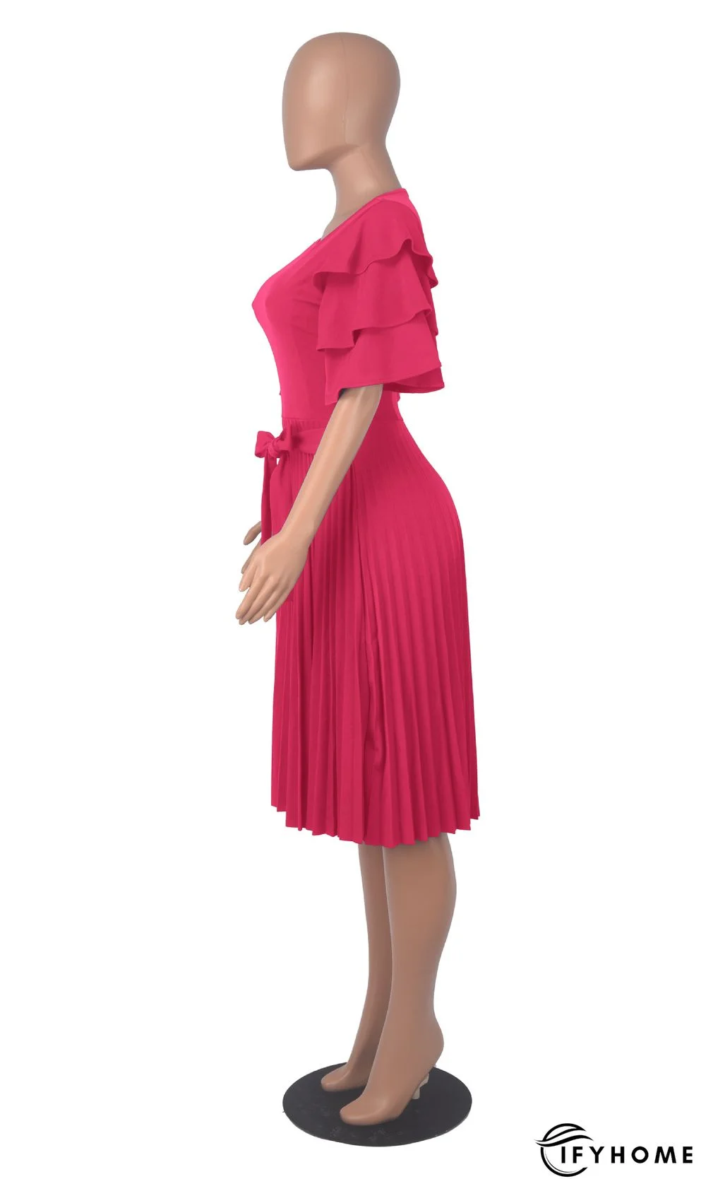 Round Neck Ruffle Short Sleeve Pressed Pleated Dress | IFYHOME