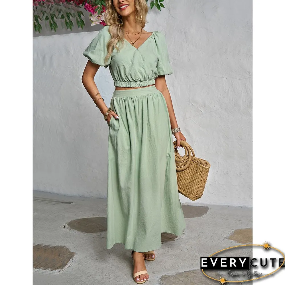 Pea Green V Neck Crop Top and Pocket Skirt Set