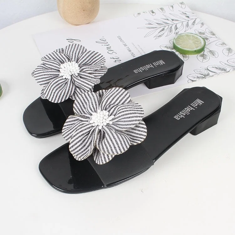 Women Peep Toe Casual Bow Knot Pot Square Heels Summer Slipper Slip on Breathable Beach Summer Sandals Shoes        X1217